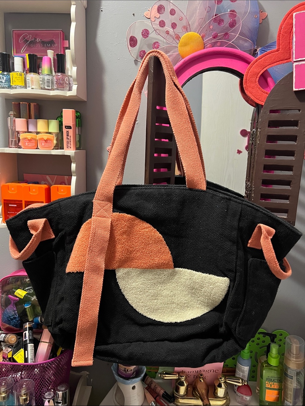 Large Black Canvas Tote with Peach and Cream Accent - Everyday Women’s Bag